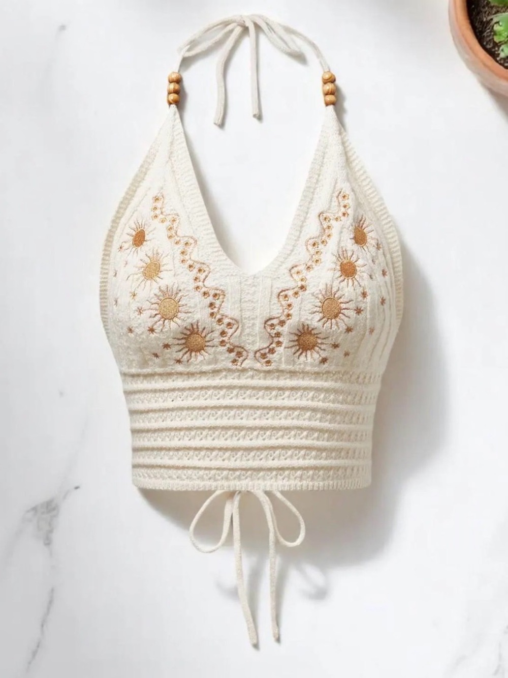 Crochet Festival Boho Halter Bralette with Gold Sun Embroidery - Ivory